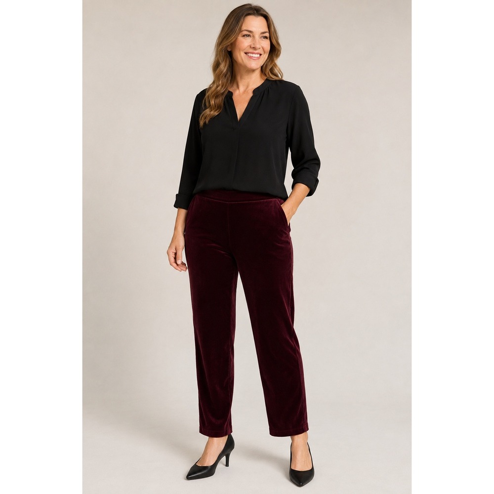 Talbots Velvet Pants Women 12P Burgundy Red Curvy Side Zip Straight Leg Holiday